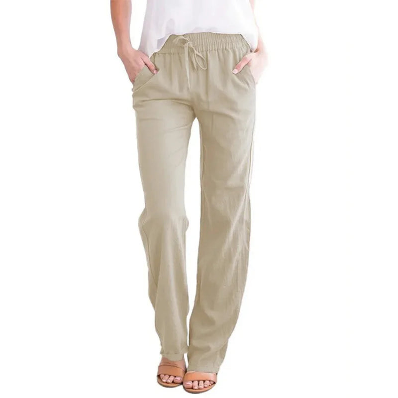 Women Cotton Linen Drawstring Pants Elastic Waist Casual Solid Color Trousers Baggy Loose Straight Leg Breathable Sweatp