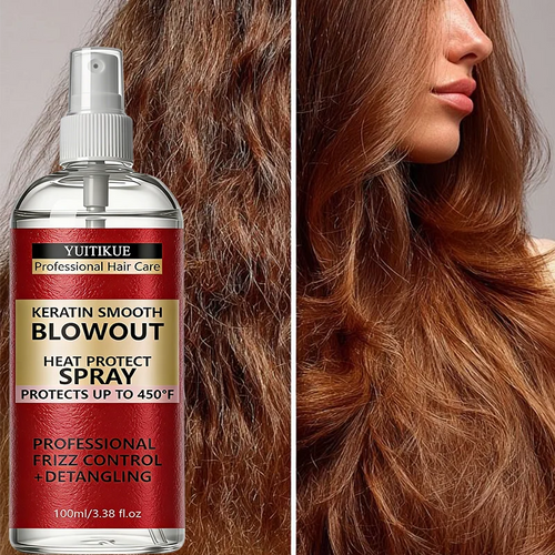Keratin Heat Protect Spray for Hair, Professional Blowout Spray with Frizz Control & Detangling, 100ml