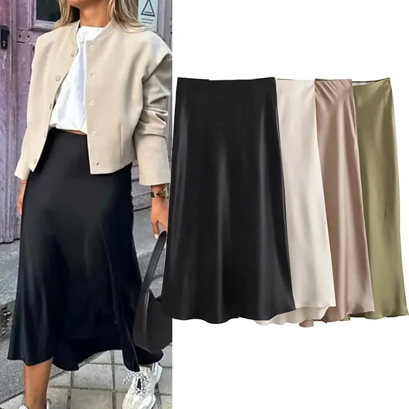 Willshela 2024 Black Satin Skirt Woman High Waist Elegant Long Skirts For Women Fashion Summer Midi Skirt Office Women's