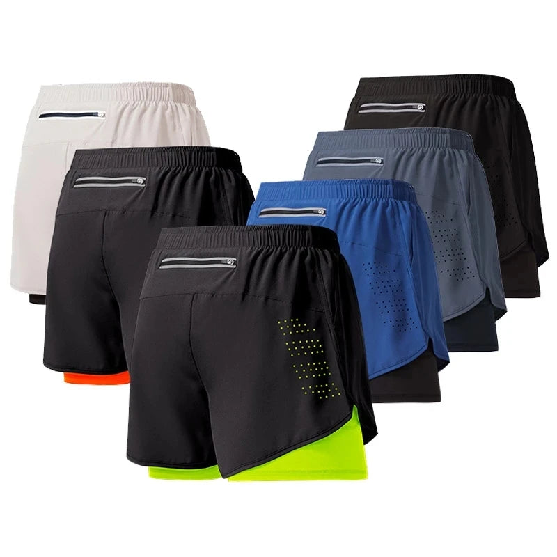 Men's Running Shorts Quick-drying Fitness Black Double Layer Shorts Men New Sport Workout Training Bodybuilding Short Pa