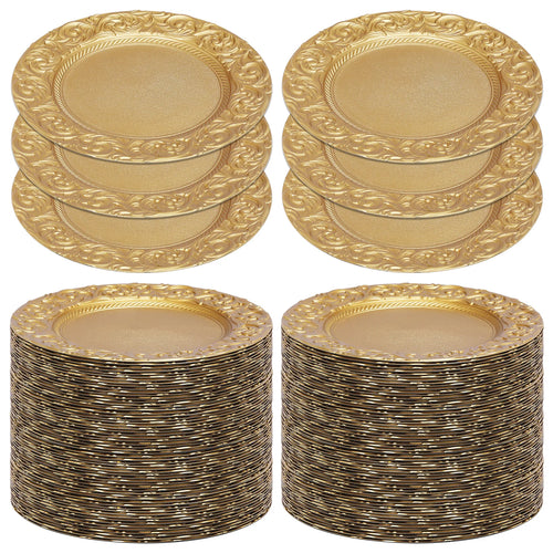 100 Pcs 13in Antique Charger Plates Bulk Plastic Decorative Service Plate with Embossed Rim for Dinner Wedding Party Eve
