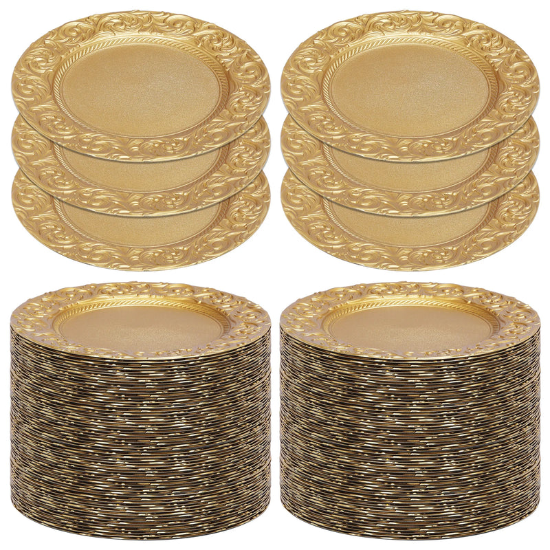 100 Pcs 13in Antique Charger Plates Bulk Plastic Decorative Service Plate with Embossed Rim for Dinner Wedding Party Eve