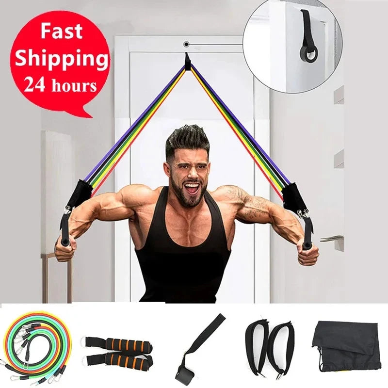11pcs Fitness Resistance Bands Set Workout Exercise Tube Bands with Door Anchor Ankle Straps Cushioned Handles Carry Bag