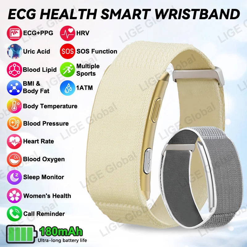 LIGE ECG+PPG Smart Bracelet Men Women Uric Acid Body Fat Body Temperature BP Five Organ Health Smartwatch Sports Fitness