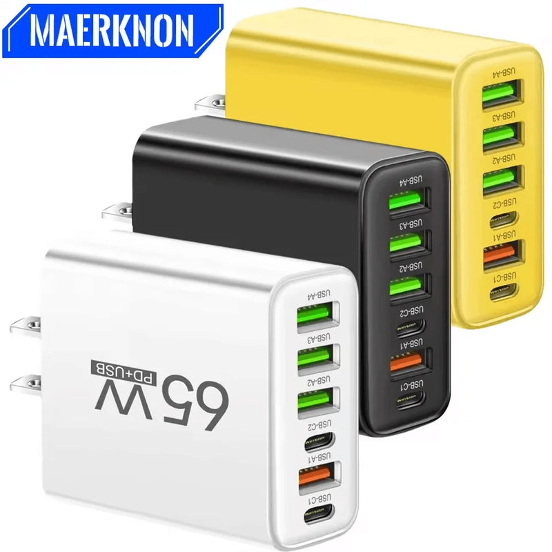 Multi Ports 65W USB Charger Fast Charging Type C Phone Charger Adapter For iPhone Samsung Xiaomi Huawei EU/US Plug Wall