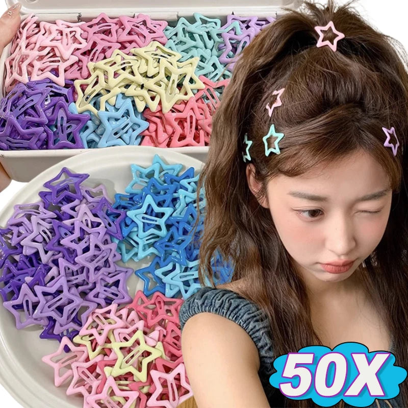 10/50pcs Colorful Kawaii Star Barrettes Y2K Sweet Girls BB Solid Star Hairclips Metal Snap Clip Headdress Hair Jewelry G