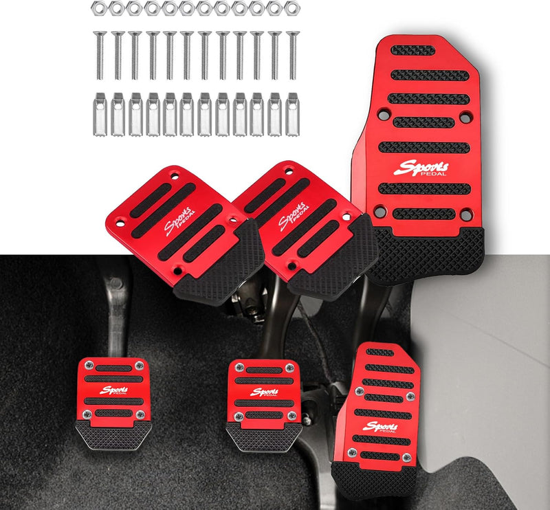 3PCS Car Non-Slip Aluminum Alloy Pedal Pads, Manual Transmission Brake Pedal Covers, Sports Gas Fuel Petrol Clutch Foot Pedals, Anti-Rubbing Car Clutch Pedal Kits Suitable for Car SUV ATV (Red)