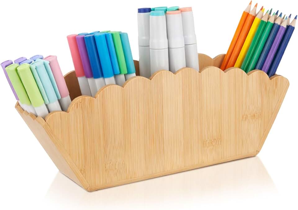 Jetec Scalloped Bamboo Wooden Pencil Holder, Desk Holder with 4 Slots for Desk Organizer Makeup Brushes Pens and Remote Storage Organizer for Office Bathroom