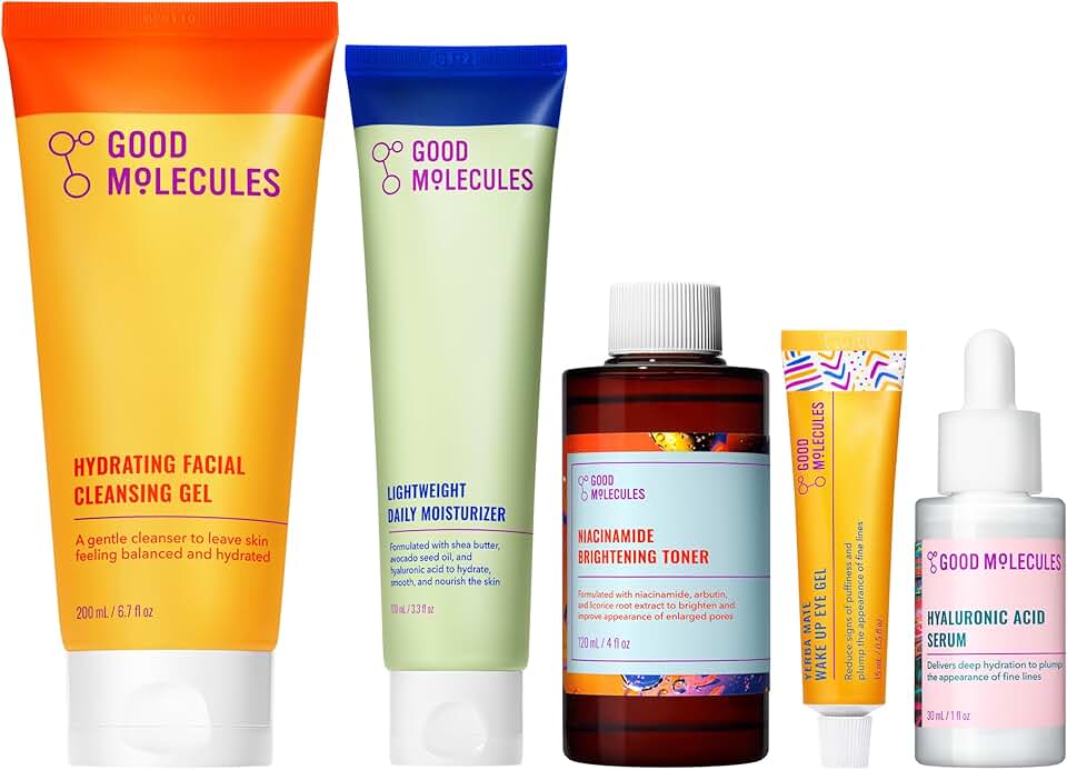 Good Molecules Daily Skincare Routine Set with Hydrating Cleanser, Niacinamide Toner, Hyaluronic Acid Serum, Moisturizer, Eye Gel, 5 Pieces