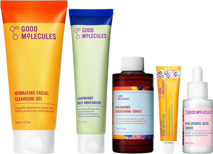 Good Molecules Daily Skincare Routine Set with Hydrating Cleanser, Niacinamide Toner, Hyaluronic Acid Serum, Moisturizer, Eye Gel, 5 Pieces