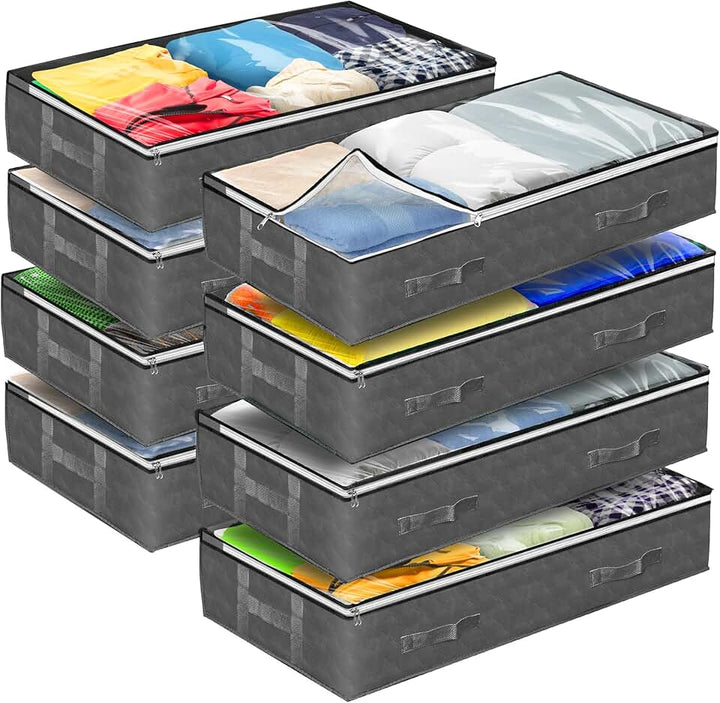Reli. 90L Under Bed Storage Containers (8 Pack) | Closet Organizer with Clear Window | Underbed Storage Bins for Towels, Sweaters, Linens | Large Organizer for Closet (Gray)