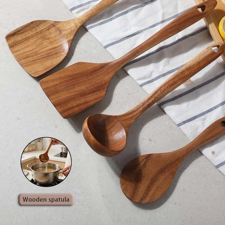 Wooden Kitchen Utensil Set – Non-Scratch & Heat Resistant Spatula Spoon Turner for Non-Stick Pans, Natural Bamboo Cooking Tools