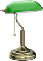 TORCHSTAR Green Glass Bankers Desk Lamp, Antique Desk Lamps with Brass Base, Traditional Library Lamp with Pull Chain, E26 Base, Vintage Desk Lamp for Office, Study Room