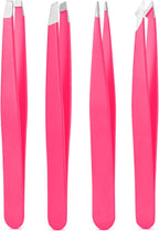 Derlaier Tweezers Set Professional High Precision Stainless Steel Eyebrow Remover Ingrown Hair & Splinter Removal Kit Facial Hair Grooming Tools for Men Women Pink 4 Pcs