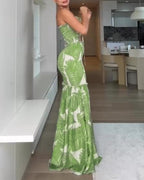 CHICME Floral Printed Prom Dress Tie Ruched Shirred Bandeau Party Dress Slim Fit Ruffle Hem Vacation Dresses