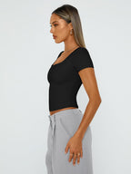 Trendy Queen Double Lined Short Sleeve Tshirts for Women Square Neck Cute Crop Top Spring Summer Basic Tees Workout Going Out