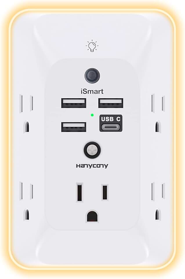 Outlet Extender with Night Light, HANYCONY Multi Plug Outlet, USB Wall Charger Surge Protector 4 USB Ports(1 USB C), Pow