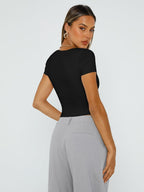 Trendy Queen Double Lined Short Sleeve Tshirts for Women Square Neck Cute Crop Top Spring Summer Basic Tees Workout Going Out