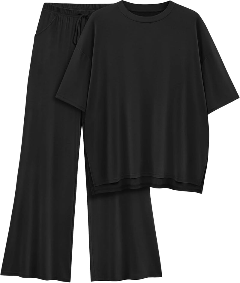 Womens Lounge Set 2026 Summer 2 Piece Outfits Oversized Short Sleeve Tops & Wide Leg Pant Matching Sets Clothing