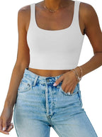 REORIA Women’s Sexy Square Neck Double Lined Seamless Sleeveless Cropped Tank Yoga Crop Basic Tops