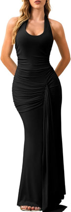 Kaei&Shi Women's Backless High Slit Deep V Neck Ruched Halter Maxi Dress Formal Prom Evening Wedding Guest Party