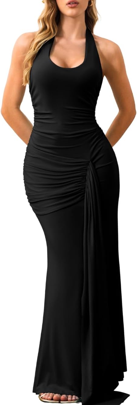 Kaei&Shi Women's Backless High Slit Deep V Neck Ruched Halter Maxi Dress Formal Prom Evening Wedding Guest Party
