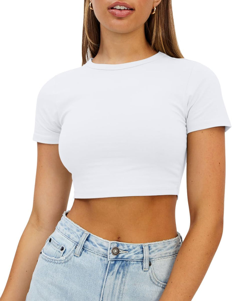 WYNNQUE Womens Crop Tops Cute Summer Crew Neck Basic Tees Slim Fit Trendy Short Sleeve T Shirts for Teen Girls 2026