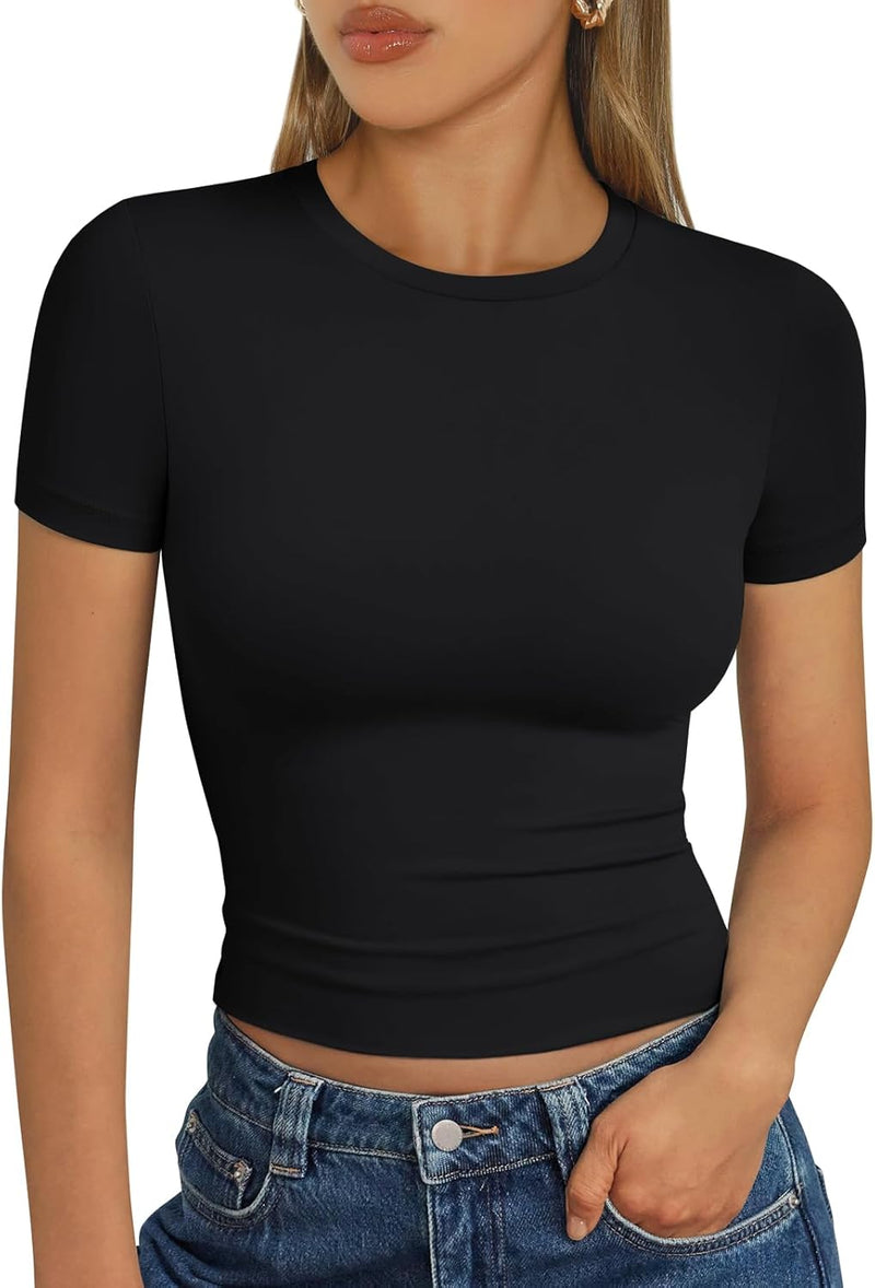 Trendy Queen Womens Short Sleeve T Shirts - Buttery Soft Summer Crop Tops Slim Fit Y2k Basic Tees for Workout