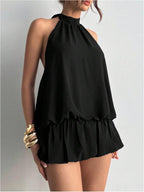Floerns Women's Y2k Summer Halter Dress Tie Open Back Sleeveless Ruffle Hem Bubble Going Out Mini Dresses