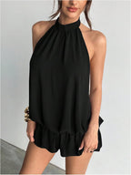 Floerns Women's Y2k Summer Halter Dress Tie Open Back Sleeveless Ruffle Hem Bubble Going Out Mini Dresses