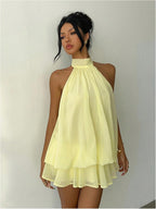 Verdusa Women's Chiffon Halter Drop Waist Wedding Guest Dresses Ruffle Summer Loose Fit Mini Dress Brunch Outfits