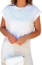 Tankaneo Womens Short Sleeve Cropped T-Shirts Summer Rolled Dolman Sleeve Crop Tops Casual Round Neck Solid Short Basic Tees