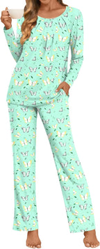 Anymeet Womens Pajama Set Long Sleeve 2 Piece Winter Ladies Sleepwear Soft PJs Comfy Lounge Sets with Pockets