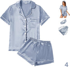 WJing Yi Jia 4Pcs Womens Satin Silky Pajama Sets Short Sleeve Shirt XS-4XL Floral Pajamas Set Soft PJ Loungewear Sleepwear
