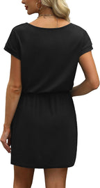 OFEEFAN Summer Dresses for Women 2026 V Neck T Shirt Casual Mini Dresses Tie Waist Sundresses with Pockets