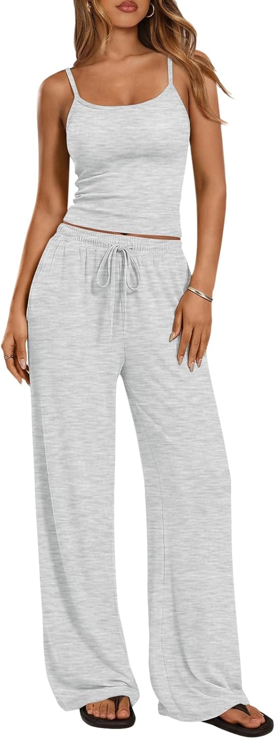 Trendy Queen Women's 2 Piece Lounge Set Spring Outfits - Camisole Top & Wide Leg Pants