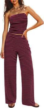 UNCOOYEE Two Piece Sets For Women Summer Outfits Lounge Sets Striped Tube Top And Pants Matching Sets Beach Vacation Travel