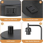 Industrial Bedside Table Lamp for Bedroom - Nightstand Lamps with USB C Charging Port, Fully Dimmable Black Ports and Outlets, Small Desk Glass Shade Office Living Room