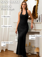 Kaei&Shi Women's Backless High Slit Deep V Neck Ruched Halter Maxi Dress Formal Prom Evening Wedding Guest Party