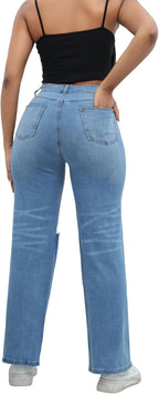 THUNDER STAR Womens High Waisted Wide Leg Jeans Stretchy Distressed Denim Pants