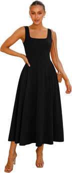 OFEEFAN Summer Dresses for Women Square Neck Corset A Line Maxi Dress Ruffle Ruched Waist Flowy Outfits