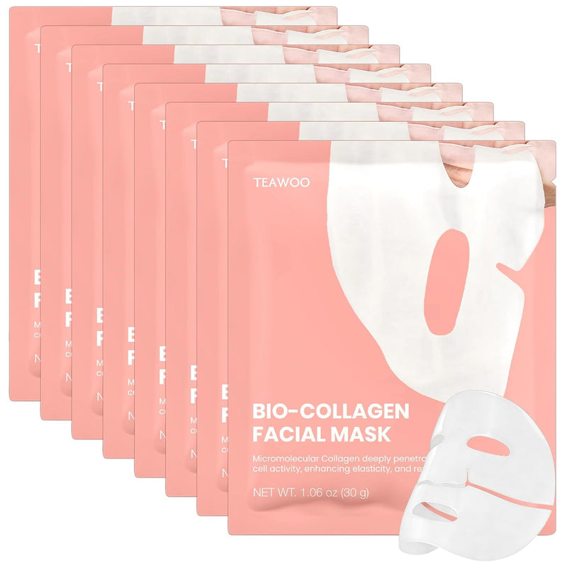 TEAWOO Bio-Collagen Facial Mask 8 EA, Hydrating & Soothing Hydrogel Face Mask, Overnight Collagen Face Mask for Glass Skin & Elasticity, Korean Skin Care