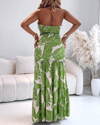 CHICME Floral Printed Prom Dress Tie Ruched Shirred Bandeau Party Dress Slim Fit Ruffle Hem Vacation Dresses