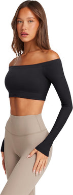 LASLULU Womens Off The Shoulder Tops Seamless Long Sleeve Workout Crop Top Sexy Gym Yoga Going Out Tops Shirts
