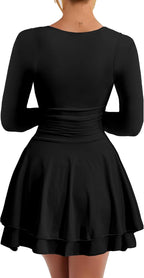 Kaximil Women's Square Neck Ruffle Hem Mini Dress Ruched Waist Long Sleeve Corset Short Party Dresses