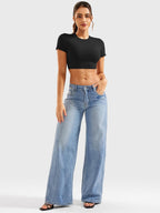 YEOREO Short Sleeve T Shirt for Women Double Lined Crop Top Crew Neck Workout Tee Colin Slim Fit Summer Basic Going Out Top