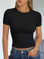 Trendy Queen Womens Short Sleeve T Shirts - Buttery Soft Summer Crop Tops Slim Fit Y2k Basic Tees for Workout
