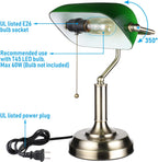 TORCHSTAR Green Glass Bankers Desk Lamp, Antique Desk Lamps with Brass Base, Traditional Library Lamp with Pull Chain, E26 Base, Vintage Desk Lamp for Office, Study Room