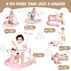 6 in 1 Foldable Baby Walker, Activity Baby Walker-Baby Bouncer, Rocker, Activity Center,Push Walker,Detachable Trampoline Mat, Adjustable Speed Rear Wheels and Height,Music & Lights,Ages 6-18 Months