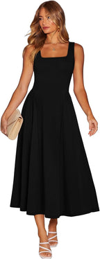 OFEEFAN Summer Dresses for Women Square Neck Corset A Line Maxi Dress Ruffle Ruched Waist Flowy Outfits